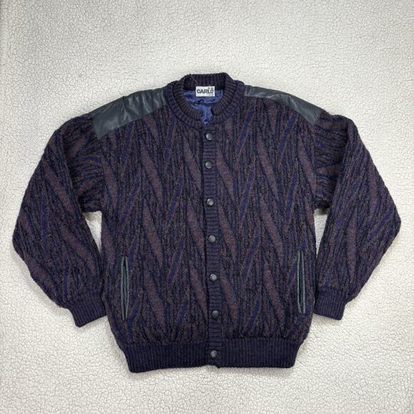 Vtg 80s Wool Knit Cardigan w/ Leather Shoulders Mens Size 50 Carlo Club Grandpa - Picture 1 of 6